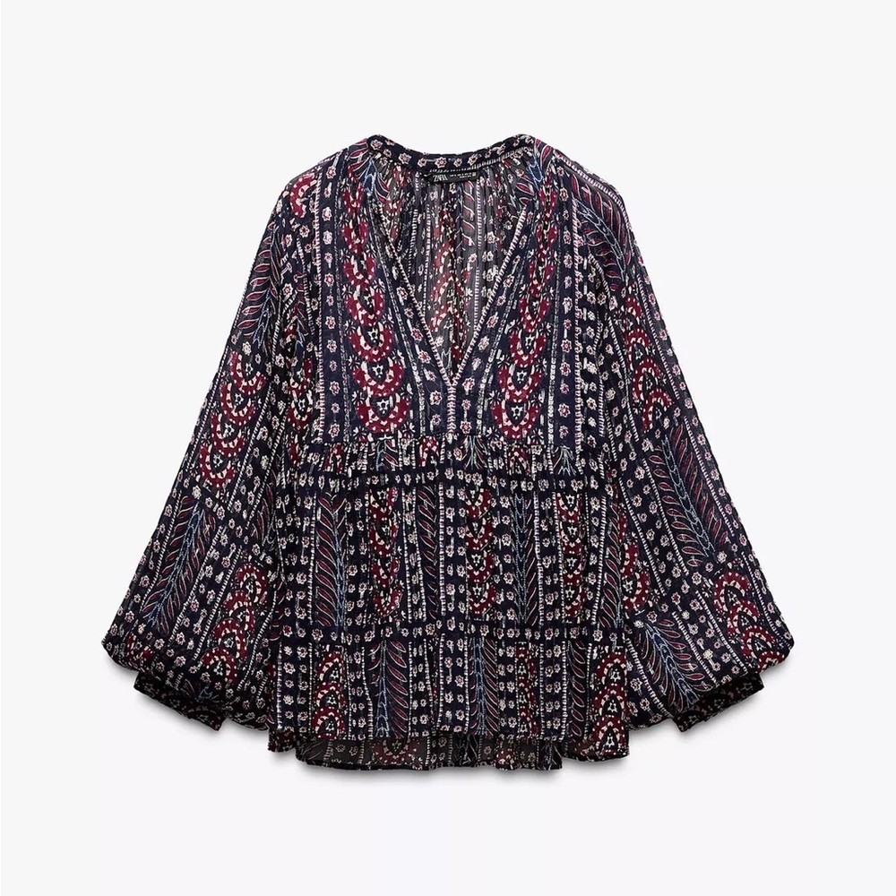 Zara Navy Boho Women's Blouse with Silver Metallic Thread NWT - Picture 4 of 4